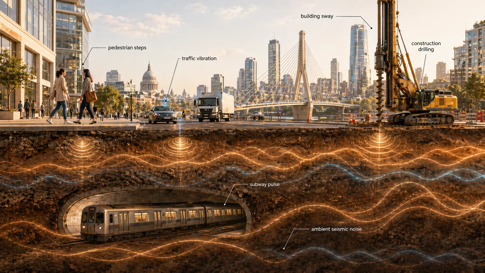 Sources of ambient seismic noise in a city