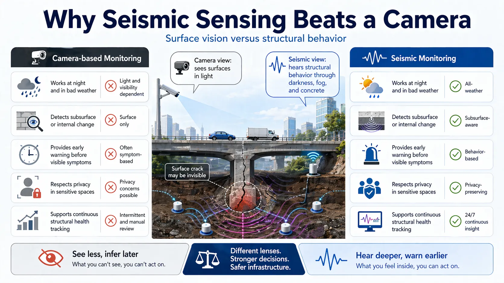 Camera versus seismic monitoring comparison infographic
