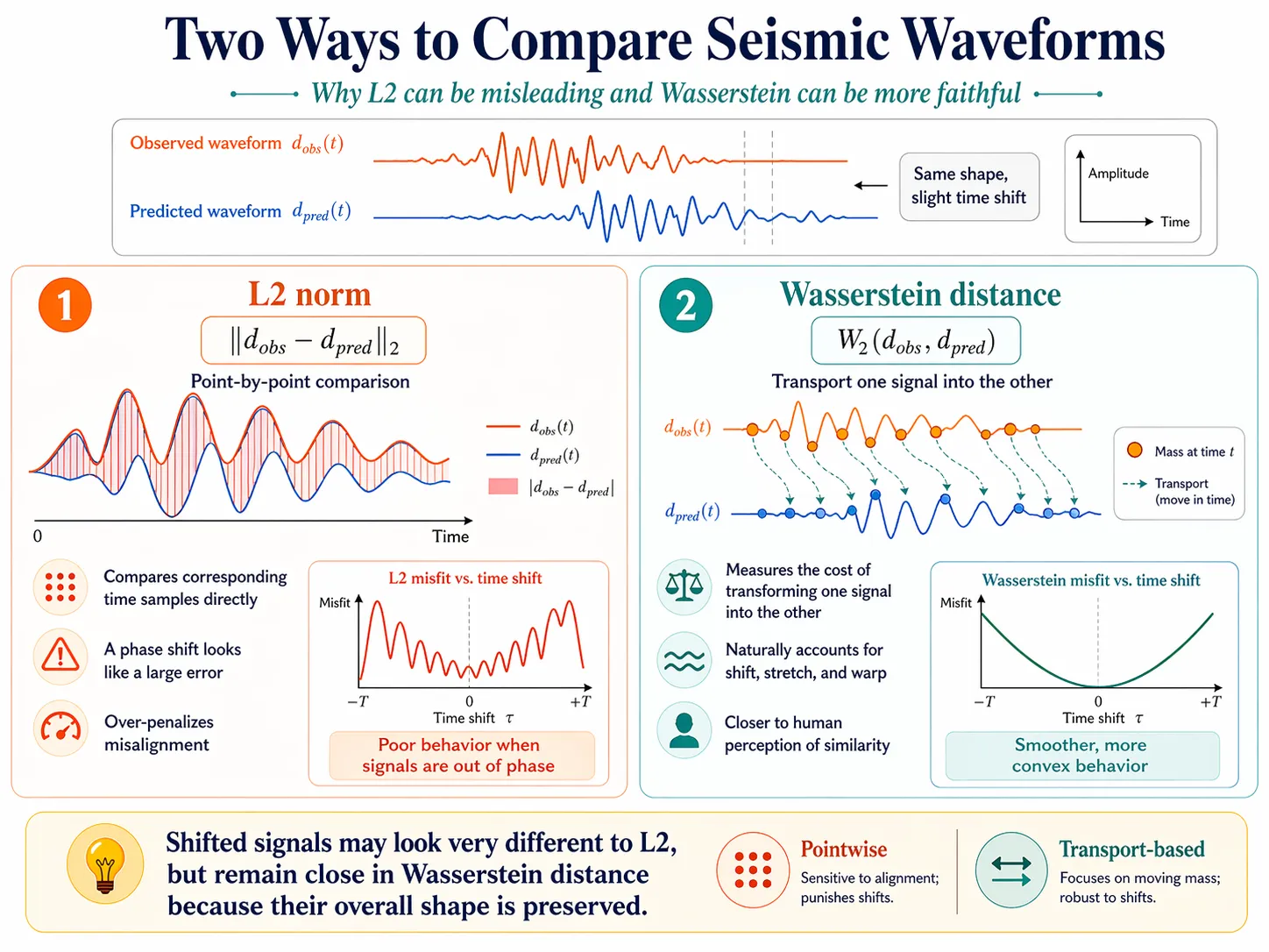 L2 norm versus Wasserstein distance waveform comparison
