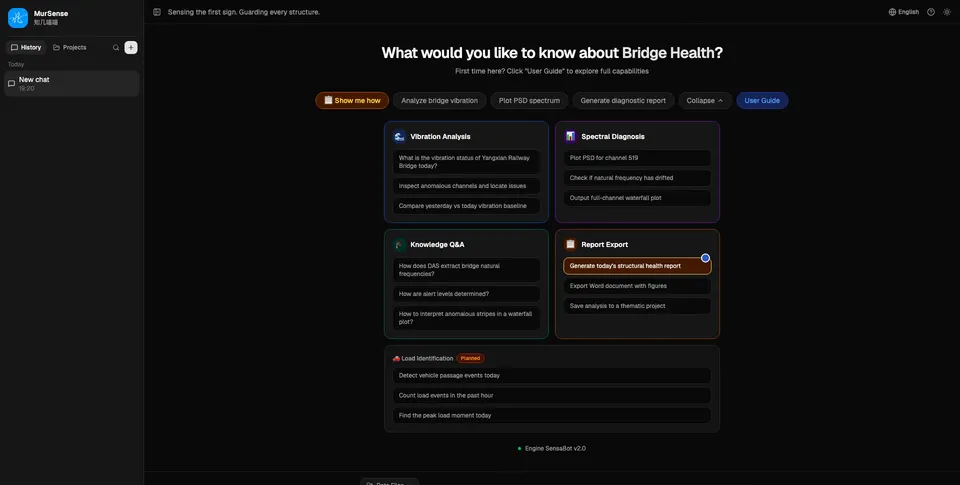 The MurSense landing screen — a conversational entry point with quick-start prompts grouped into Vibration Analysis, Spectral Diagnosis, Knowledge Q&A, and Report Export